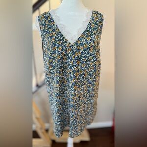 Floral Sleeveless Blouse - Blue and Gold with Lace Accents, 2X